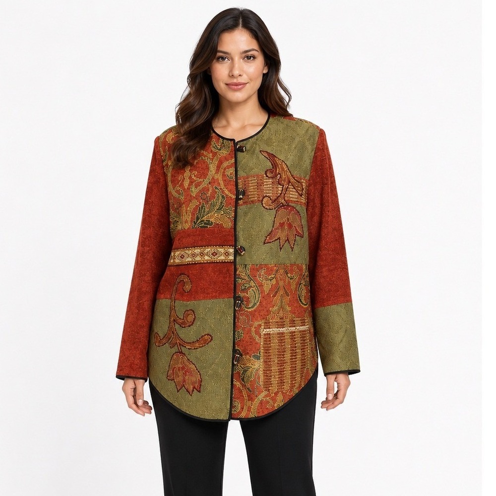 Indigo Moon Women's Patchwork Tapestry Jacket Boho Button Front Long Sleeve Sz M